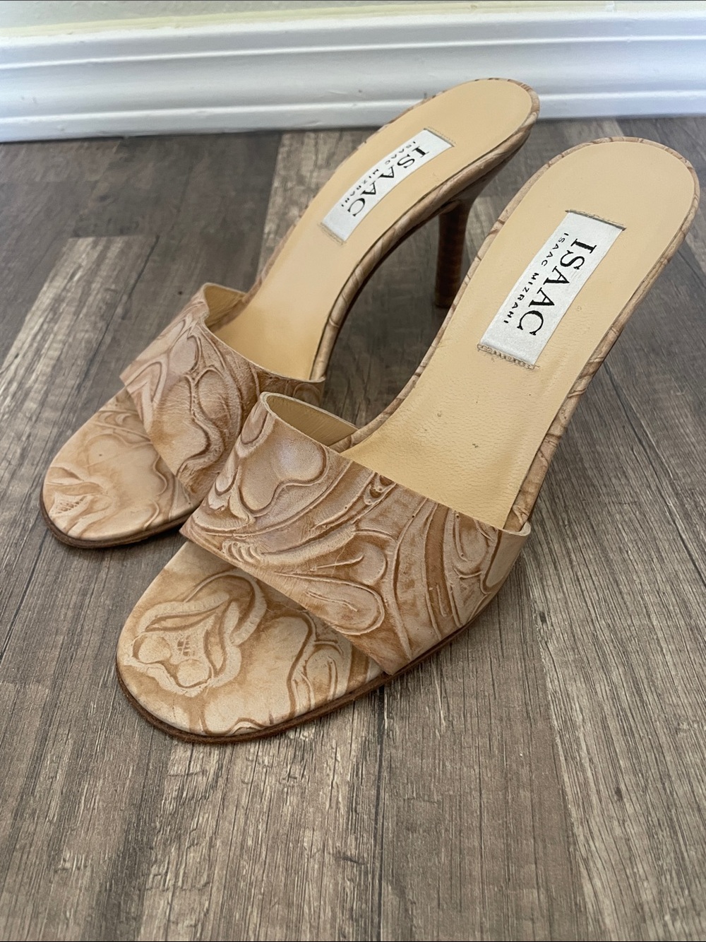 Isaac Mizrahi Taupe Floral Embossed Slide Mules